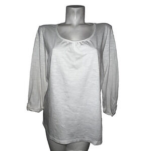 Weekend by CHICO'S Top Size L (2) Ivory Cotton 3/4 Roll Tab Sleeve Scoop Neck